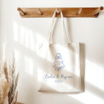 Custom Handwritten French Blue Doodle Wedding Cake Tote Bag<br><div class="desc">Celebrate your special day with this Vintage Custom Handwritten French Blue Doodle Wedding Cake Tote Bag. Featuring a charming blue and white French doodle cake drawing and a vintage coquette bow, this tote combines a minimalist, elegant design with a whimsical, playful aesthetic. The handwritten script and trendy boho style make...</div>