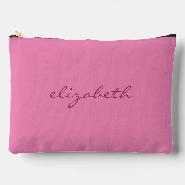 Custom Handwritten Name Text Pink Elegant Large Accessory Pouch (Front)
