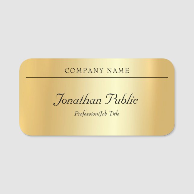 Custom Handwritten Script Elegant Glamourous Gold Name Tag (Front)
