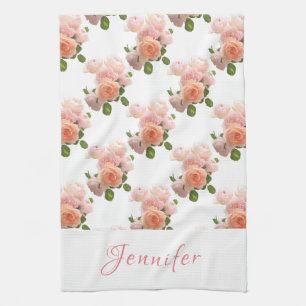Custom Handwritten Script Pink Roses Watercolor Tea Towel