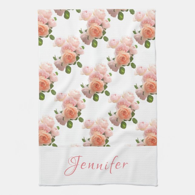 Custom Handwritten Script Pink Roses Watercolor Tea Towel (Vertical)