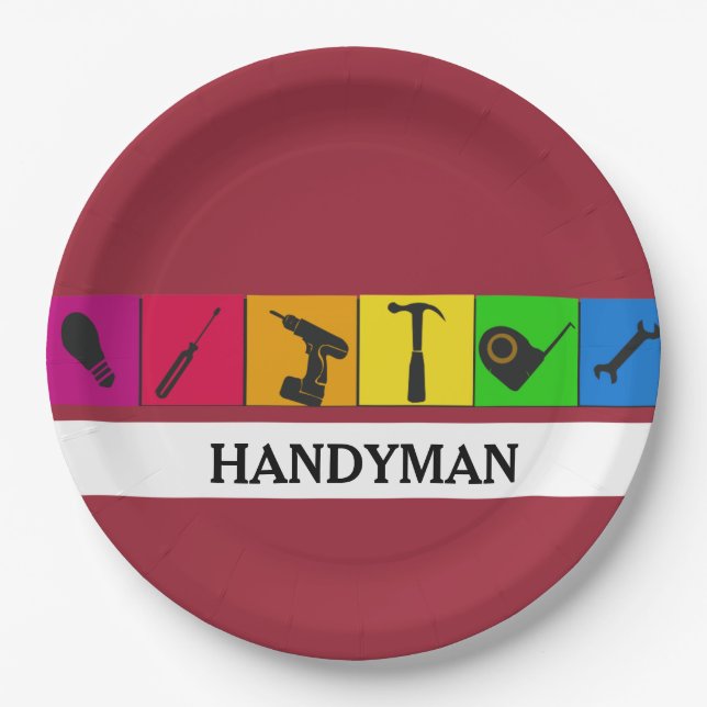 Custom Handyman Coloured Repair Carpenter Tools Paper Plate (Front)