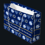 Custom Hanukkah Blue Menorah Dreidel Pattern Large Gift Bag<br><div class="desc">Beautiful personalised Hanukkah party gift bag in pretty blue with a cool pattern of Judaism star,  dreidel for fun Chanukah games,  and the Jewish menorah for the holiday. Custom gift bags for Hanukah.</div>