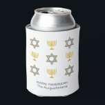 Custom Hanukkah Can Cooler<br><div class="desc">Elegant HAPPY HANUKKAH can cooler, showing faux gold and silver STAR OF DAVID and MENORAH in a tiled pattern. Text reads HAPPY HANUKKAH with a placeholder name, and is CUSTOMIZABLE, so you can PERSONALIZE it by adding your name or other text. Ideal for Hanukkah celebrations, and with customisation can be...</div>