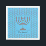 Custom Hanukkah | MENORAH Paper Napkin<br><div class="desc">Custom Hanukkah MENORAH Paper Napkins. Elegant sky blue MENORAH Paper Napkins, showing with faux silver grey menorah in a tiled pattern. At the centre, there is an image of a large menorah which is CUSTOMIZABLE, so you can upload your own image. Underneath, the text reads CHAG SAMEACH. This is also...</div>