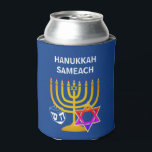 Custom HANUKKAH SAMEACH  Can Cooler<br><div class="desc">Elegant, stylish HANUKKAH can cooler in mid blue, designed with faux gold menorah, colourful Star of David and white dreidel plus CUSTOMIZABLE GREETING - HANUKKAH SAMEACH, so you can create your own greeting, eg. Happy Chanukah. Ideal for Hanukkah season. Choose from a wide section of Hanukkah clothing and gifts, designed...</div>