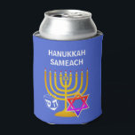Custom HANUKKAH SAMEACH  Can Cooler<br><div class="desc">Elegant, stylish HANUKKAH can cooler, designed with faux gold menorah, colourful Star of David and white dreidel plus CUSTOMIZABLE GREETING - HANUKKAH SAMEACH, so you can create your own greeting, eg. Happy Chanukah. Ideal for Hanukkah season. Choose from a wide section of Hanukkah clothing and gifts, designed by Berean Designs....</div>