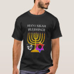 Custom HANUKKAH T-Shirt<br><div class="desc">Elegant, stylish HANUKKAH T-shirt, designed with faux gold menorah, colourful Star of David and silver coloured dreidel plus CUSTOMIZABLE GREETING, so you can create your own greeting. Ideal for Hanukkah season. Choose from a wide section of Hanukkah clothing and gifts, designed by Berean Designs.</div>