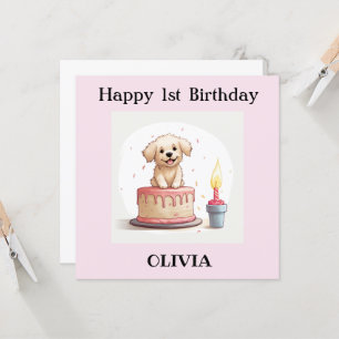 Custom Happy 1st Birthday Card, With Name, Puppy Card