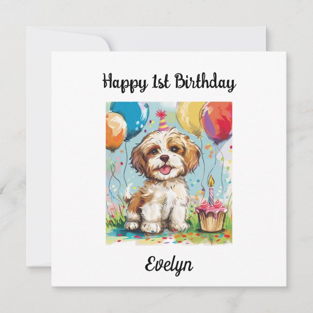Custom Happy 1st Birthday Congratulations, Puppy  Card (Front)