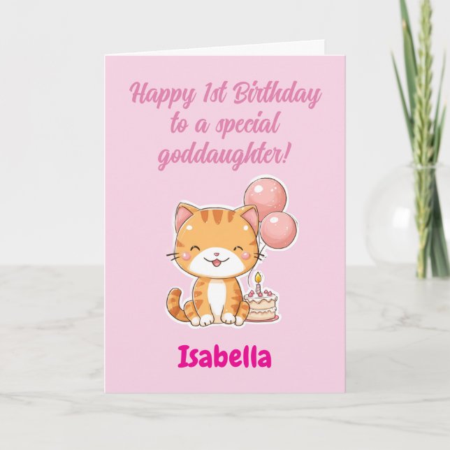 Custom Happy 1st Birthday Godddaughter, Kitten Card (Front)