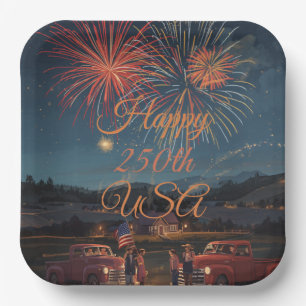 Custom Happy 250th USA Patriotic Fireworks Paper Plate