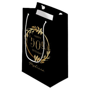 Custom Happy 50th Birthday Gold Black Glitter Small Gift Bag