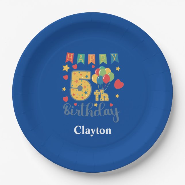 Custom Happy 5th Birthday Party Paper Plate (Front)