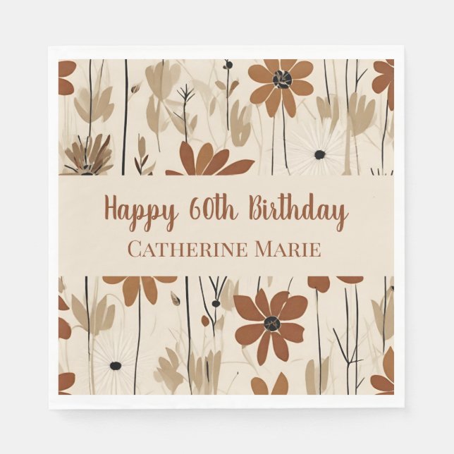 Custom Happy 60th Birthday Modern Gold Wildflower Napkin (Front)