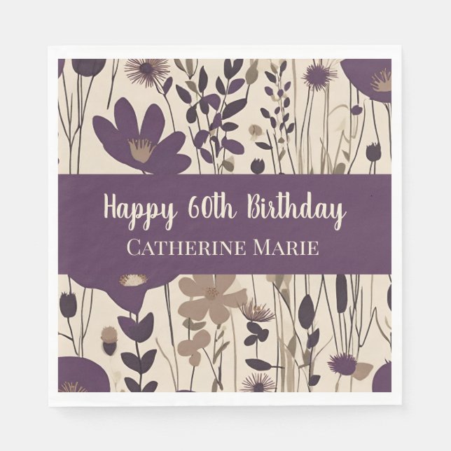 Custom Happy 60th Birthday Modern Purple Flower Napkin (Front)