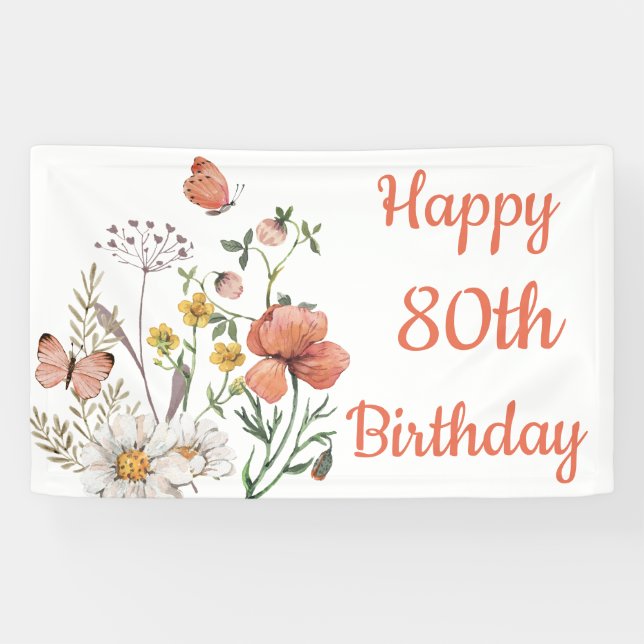 Custom Happy 80th Birthday Wildflowers Banner (Horizontal)