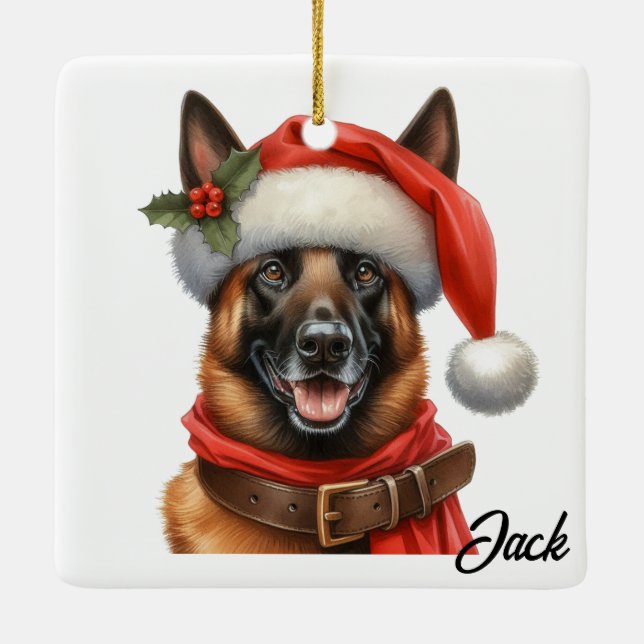 Custom Happy Belgian Malinois Dog with Santa Hat Ceramic Ornament (Back)