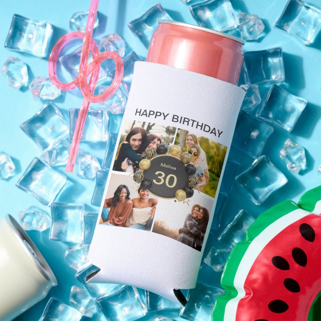 Custom happy birthday balloon 4 Photo collage Seltzer Can Cooler (In Situ Summer)