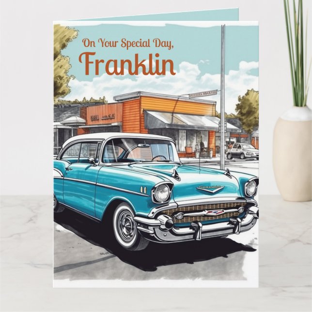 Custom Happy Birthday Boomer Classic Car Birthday  Card (Front)