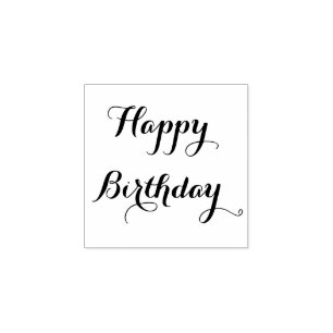 Custom Happy Birthday Greeting Elegant Script Wood Rubber Stamp