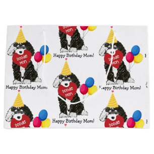 Custom Happy Birthday Mum B & W Bernedoodle Large Gift Bag