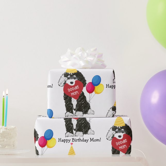 Custom Happy Birthday Mum B & W Bernedoodle Wrapping Paper (Party Gifts)