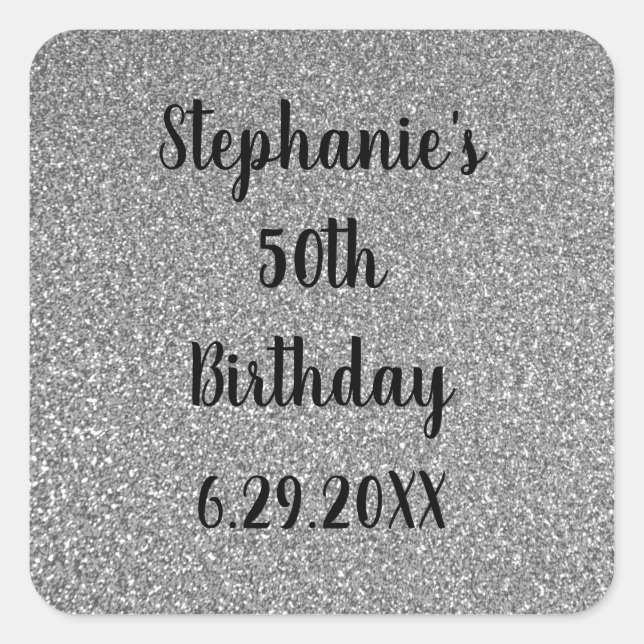 Custom Happy Birthday Name Glittery Silver Grey Square Sticker (Front)