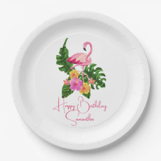 Custom Happy Birthday Party Tropical Flamingos Paper Plate