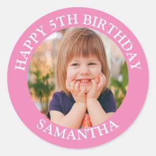Custom Happy Birthday Photo Name Age Classic Round Sticker
