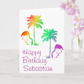 Custom Happy Birthday Rainbow Flamingos Palm Tree Card