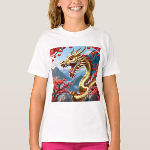 Custom Happy Chinese New 2024 Golden Dragon Floral T-Shirt