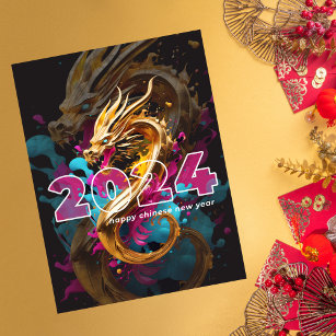 Custom Happy Chinese New Year 2024 Gold Purple Postcard