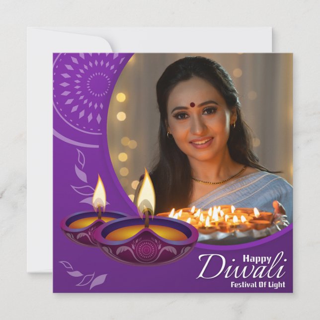 Custom Happy Diwali Festival of Light Purple White Holiday Card (Front)