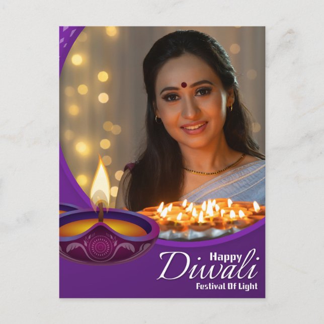 Custom Happy Diwali Festival of Light Purple White Holiday Postcard (Front)