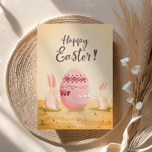 Custom Happy Easter Bunnies Painting Pink Egg Holiday Card
