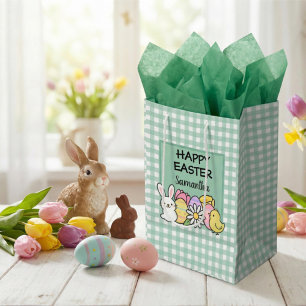 Custom Happy Easter Bunny Chick Green Gingham Medium Gift Bag