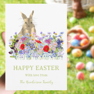 Custom Happy Easter Bunny Wildflower Watercolor Holiday Card