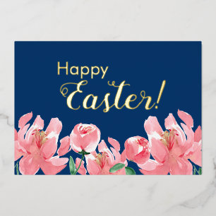 Custom Happy Easter Floral Peonies Gold blue Foil Holiday Card