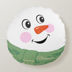 Custom Happy fun Snowman with Green Scarf round Cushion