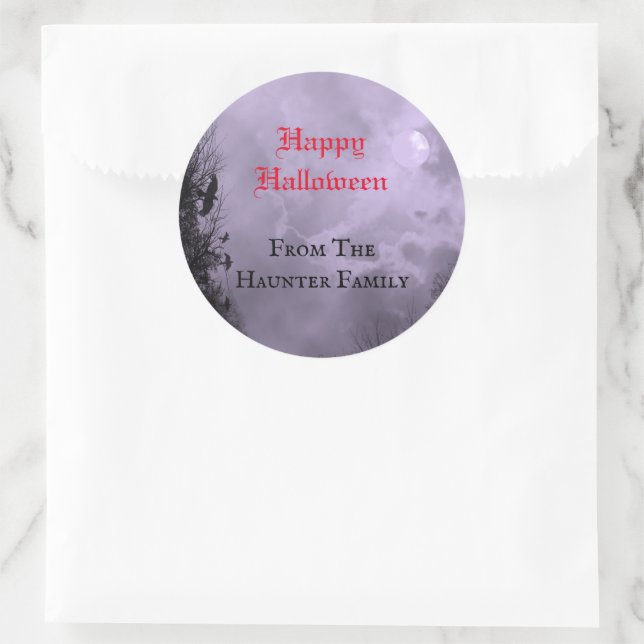 Custom Happy Halloween Full Moon and Raven Purple Classic Round Sticker (Bag)