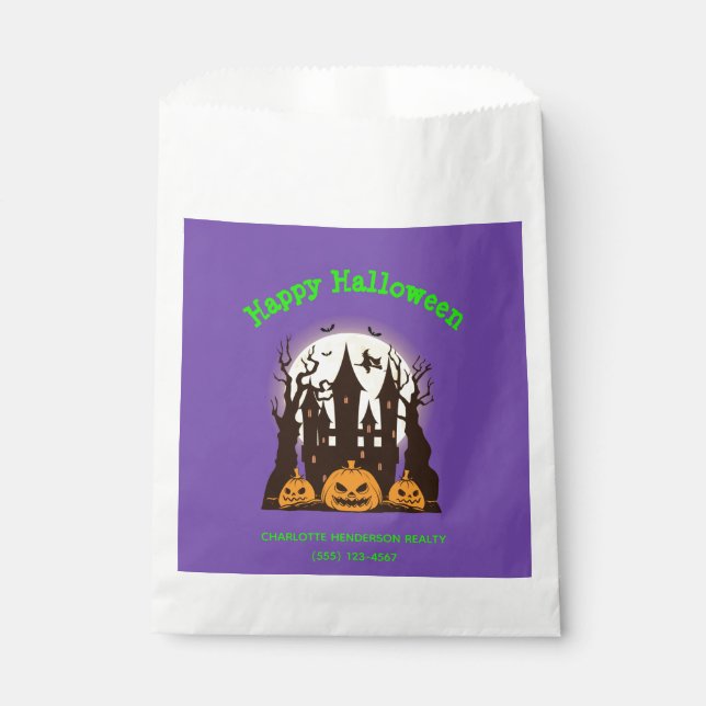 Custom Happy Halloween Haunted House Purple Favour Bags (Front)
