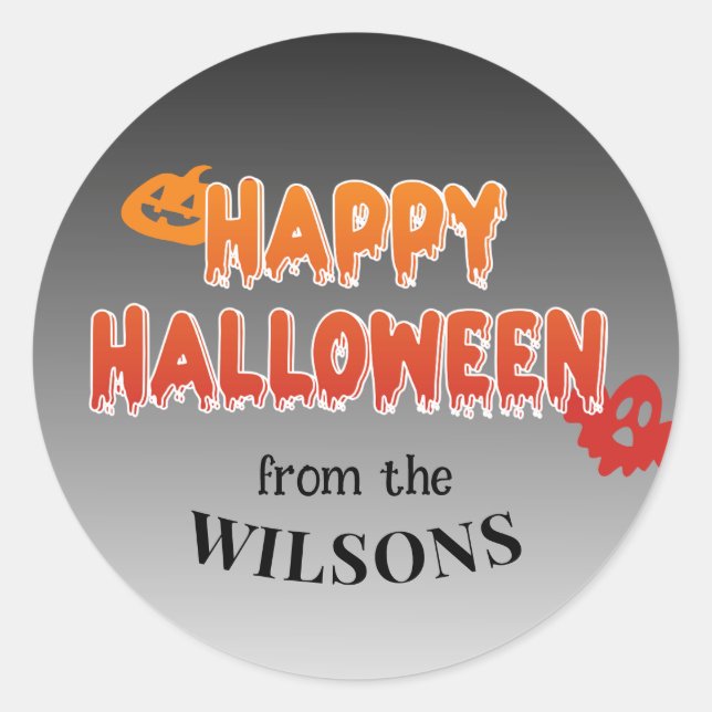 Custom Happy Halloween Label: Add Your Family Name Classic Round Sticker (Front)