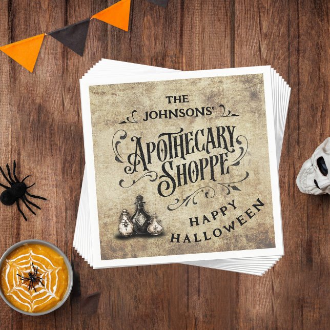 Custom Happy Halloween  Napkin (Happy Halloween Paper Napkin with Custom Family Name and Apothecary Shoppe design)