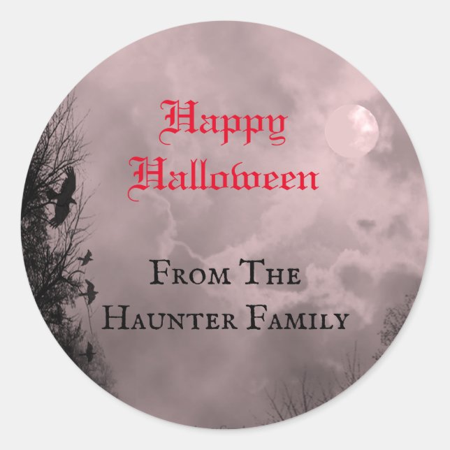 Custom Happy Halloween Red Full Moon and Ravens Classic Round Sticker (Front)