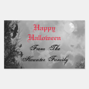 Custom Happy Halloween with Full Moon Raven Rectangular Sticker