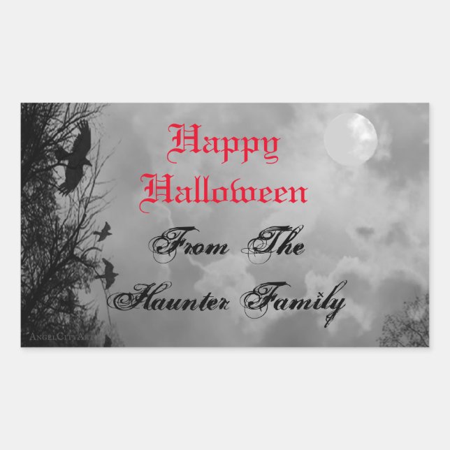 Custom Happy Halloween with Full Moon Raven Rectangular Sticker (Front)