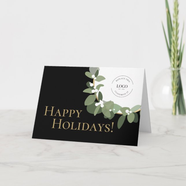 Custom Happy Holidays Business Logo Gold black Holiday Card (Front)