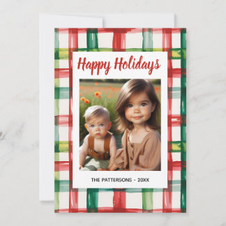 Custom Happy Holidays Fun Plaid Red Green Photo Holiday Card