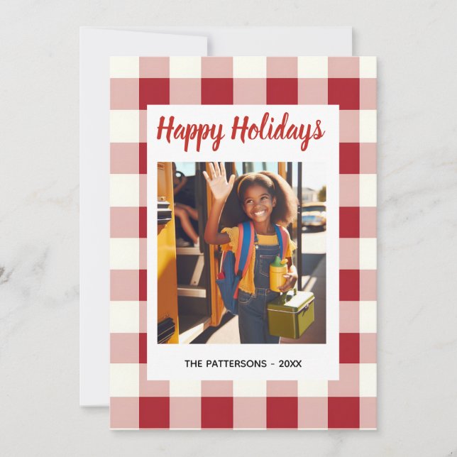 Custom Happy Holidays Fun Plaid Red Green Photo Holiday Card (Front)